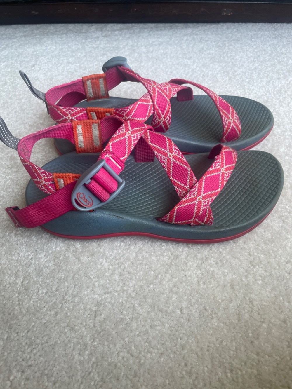 Chaco Kids’ Pink Patterned Webbing Sandals with Gray Footbeds - Picture 2 of 11
